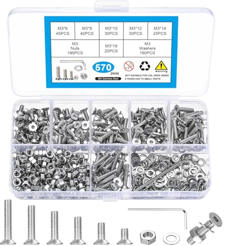 570 Pcs M3 Screws Set, Metric Screw Assortment, Metric Machine Screw Assortment, Countersunk Bolts and Nuts Set, 304 Stainless Steel Flat Head Hex Socket Cap Screws Bolts with Washers