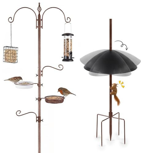 Estación de Alimentación para Pájaros con Protector Anti Ardillas, Soporte para Comedero de Aves con Ganchos y Bandeja, para Aves Silvestres, Jardín, Balcón, Terraza y Patio