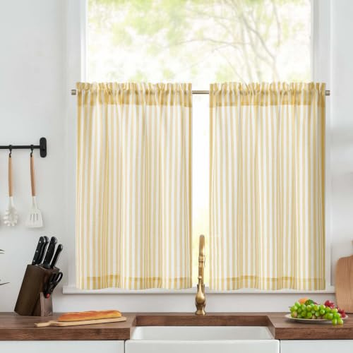 TOPICK Yellow Kitchen Curtains 2 Panels, Striped Cafe Curtains, W26 xL30 | Light Filtering Small Window Curtains, Rod Pocket Faux Linen Curtains for Living Room, Bathroom, Cupboard, Bedroom, Pinstripe