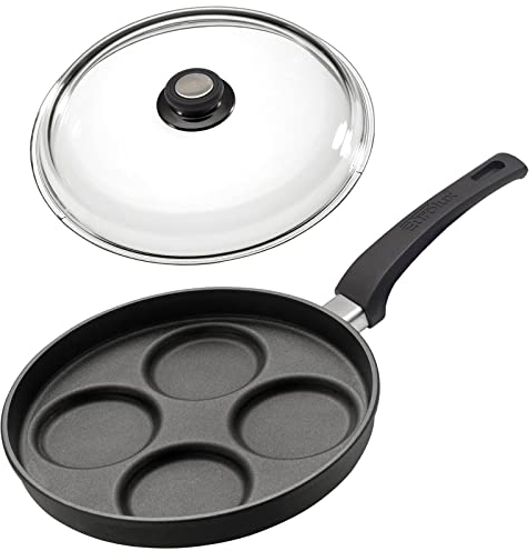 Eurolux Spiegelei Pfanne Ø 26 cm Induktion Set mit Glasdeckel - induktive 4-Loch-Augenpfanne Aluguss - Muldenpfanne mit Antihaft-Beschichtung - Made in Germany