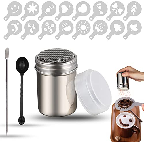 behone 19 Stücke Puderzuckerstreuer Kakaostreuer Edelstahl Schokoladenstreuer mit16 pcs Kaffee Cappuccino Schablonen+Messlöffel+Schablonenkunst Stift Werkzeuge für die Herstellung Kaffee Cappuccino