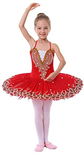 IMEKIS Vestito da Balletto per Ragazze di Fiori Body da Danza Ginnastica Ricamato Senza Maniche con Gonna Tutu Costume da Ballo Principessa da Fata Ballerina Rosso 9-10 Anni