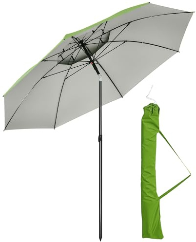 Outsunny Sombrilla de Playa Ø185x205 cm Parasol para Terraza con Techo Doble Ángulo Ajustable Protección UV30+ 8 Varillas de Acero y Bolsa de Transporte Verde
