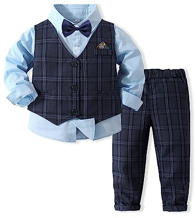 Volunboy Trajes para Bebé Niños de Boda, Bautizo Conjunto de Chaleco, Camisa, Pantalón, Pajarita(12-18 Meses,Azul,Tamaño 80)