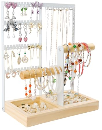 NVIYAM Schmuckständer Schmuckhalter, Kettenhalter Ohrring ständer Schmuck Organizer mit Holz Base, Uhrenständer Schmuckaufbewahrung für Ringe, Ohrringe, Halsketten, Armbänder, Uhren