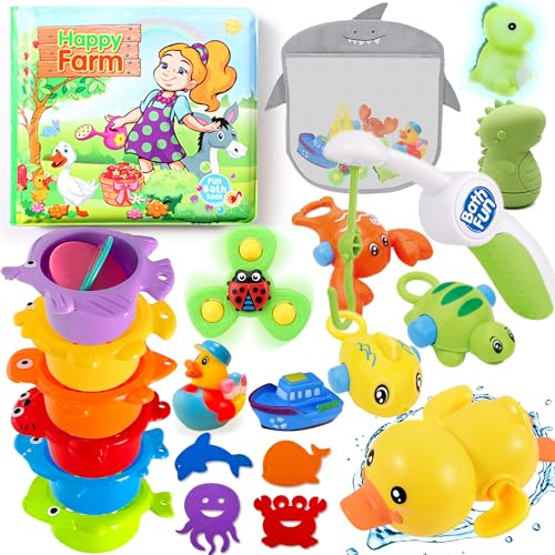 Lubibi Baby Bath Toys, 22 PCS Toddler Bath Tub Toys, Rubber Ducks,Bath Books, Fishing Toy, Stacking Cups, Floating toys, Paddling Pool Toys, Toddler Education Toys Bath-time Shower Gifts