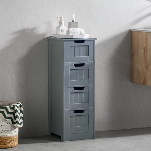 Bath Vida Priano 4 Drawer Bathroom Floor Cabinet | Grey | Space-Saving Storage | 81H x 30W x 30D cm | Anti-Tip | Freestanding | Modern Wooden Storage Unit