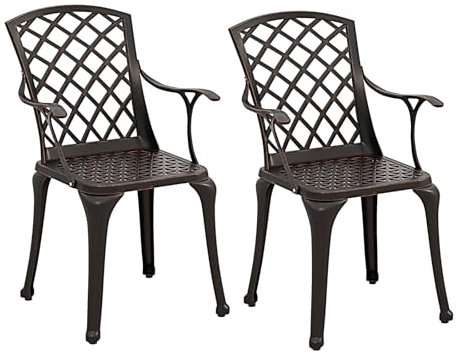 KOMFOTTEU 2er Set Gartenstuhl aus Aluminiumguss, Balkonstuhl mit Armlehne & Rückenlehne, Bistrostuhl bis 110 kg belastbar, Essstuhl für Garten Terrasse Esszimmer (Braun)