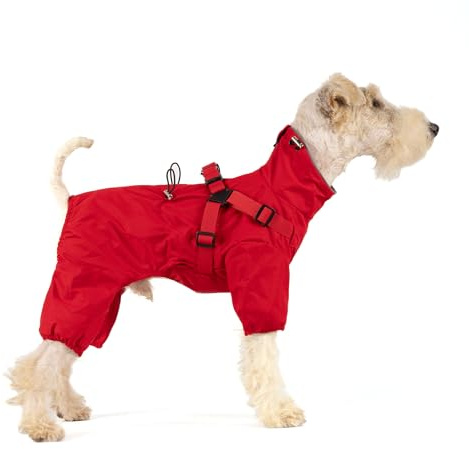 Mile High Life Waterproof Dog Raincoat, Full Coverage Small Dog Rain Coat with Harness, Adjustable 4 Legs Puppy Rain Jacket with Reflective Strip and Elastic Cuffs (Red, XX-Small)