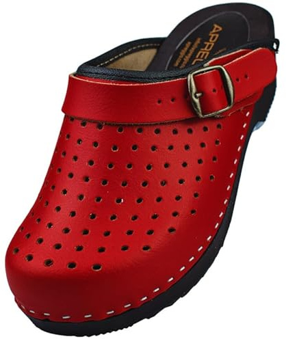 APREGGIO Zuecos de madera para mujer, cómodos zuecos de jardín, prácticos zuecos de jardín, piel auténtica, rojo 39 EU