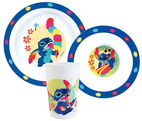 FUN HOUSE | Set de vajilla Lilo & Stitch para niños, 1 vaso, 1 plato + 1 cuenco | Reutilizable y Micro-Ondable | Licencia Oficial Disney | Fan Stitch | Marca Francesa | Idea de regalo para niños
