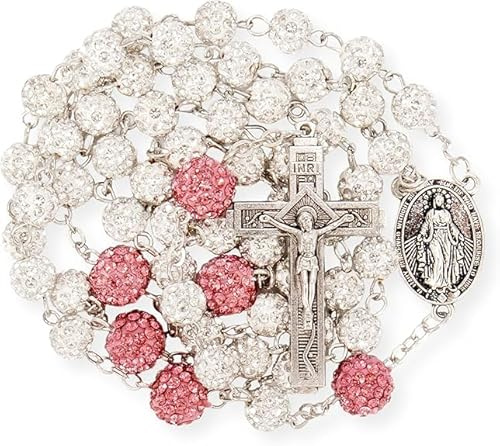 Nazareth Store - Collana rosario cattolico con perline di cristallo e strass, con medaglia miracolosa in argento INRI e crocifisso, rosari multicolori in confezione regalo, 22 , Vetro, Non pietra