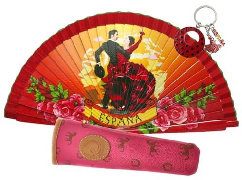 Éventail pliable avec housse en bambou et tissu ou en bois avec motif imprimé (avec housse fuchsia)