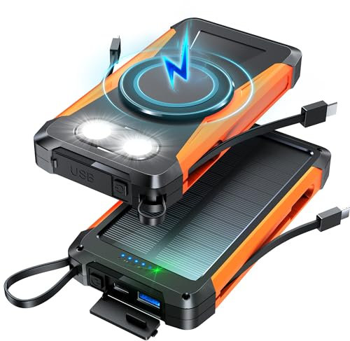 Cargador Solar para Magsafe 16800mAh, 10W Carga inalámbrica con 2 Cables, 5 Input & 2 Output, Luces indicadoras LED, Linterna, 15W USB C Carga Rápida Bateria Externa, Cargador Portátil para Teléfono