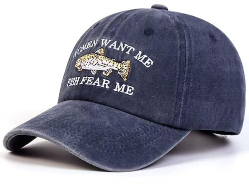 Vintage Cap Women Want Me Fish Fear Me – Navy Blau – Verstellbare Angelmütze