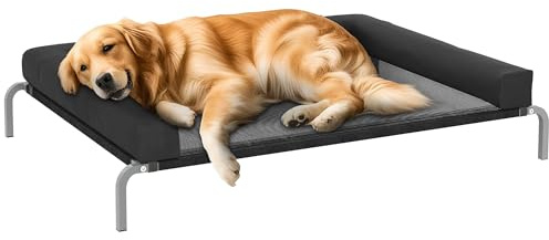 PawHut Erhöhtes Bett für Hunde, kühlend, Camp für Hunde, drinnen und draußen, tragbar, mit Kissen in U-Form, atmungsaktives Netz, bissfest, 130 x 90 x 30 cm, Schwarz