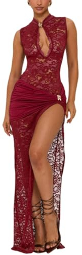 Sukiglam Robe Femme Sexy sans Manches Maxi Robes Col Montant Transparente Dentelle Moulante Robe Longue avec Fente Profonde Ete Chic et Elégant Ajouré Robes de Soiree Cocktail Mariage Gala Cérémonie