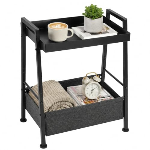 ZEXVIDA Small End Table with Fabric Storage Basket, 2-Tier Metal Side Table with Tray Top, Compact Nightstand Bedside Table for Living Room, Bedroom,Small Spaces and Balcony, Black