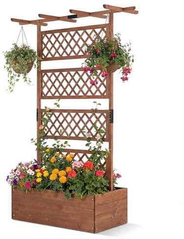 HOMASIS Orto Rialzato con Grigliato e Tetto da Giardino, Letto per Aiuola, Fioriera per Piante, Fiore, Rampicanti, Vasi, in Legno Massello, per Esterno, Terrazza, 100 x 55 x 183 cm, Marrone Scuro