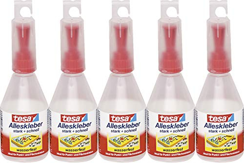 tesa Alleskleber (5x90g) - Transparenter Flüssigkleber für verschiedene Materialien - Wasserfest - Epoxidharz oder Silikon - Klebstoff, Alleskleber