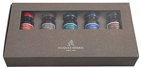 Herbin 14000JT - Juego de 5 frascos de tinta 1670, 10 ml, con purpurina dorada, ideal para caligrafía y dibujos, 1 juego, colores surtidos