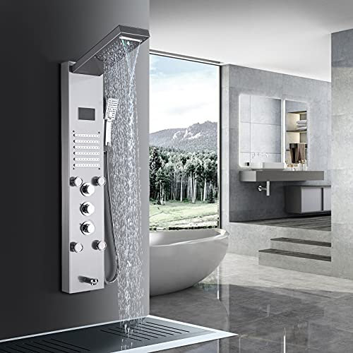 TVTIUO colonna doccia idromassaggio LED Pannello Doccia in Acciaio Inossidabile,colonna doccia con 5 Funzioni Pannello miscelatore e Display LCD,Nichel Spazzolato