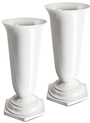 Tymar Lot de 2 vases funéraires avec Socle - Décoration funéraire - en Plastique (Blanc, ø 13 cm)