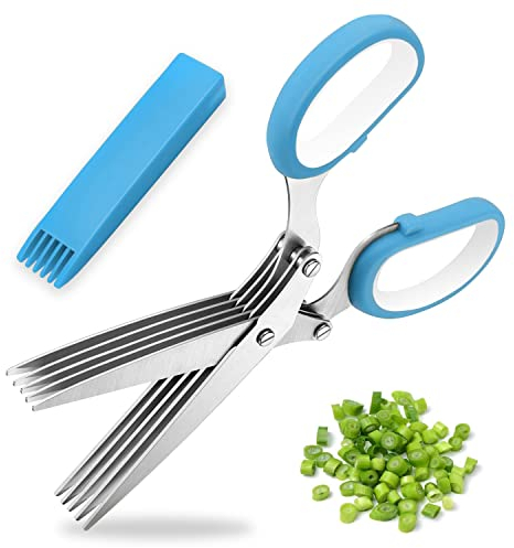 AEX Tijeras de cocina para hierbas, 5 cuchillas de acero inoxidable, tijeras de cocina afiladas con cubierta de seguridad para picar cebollino, cebolla, cilantro, verduras [azul]