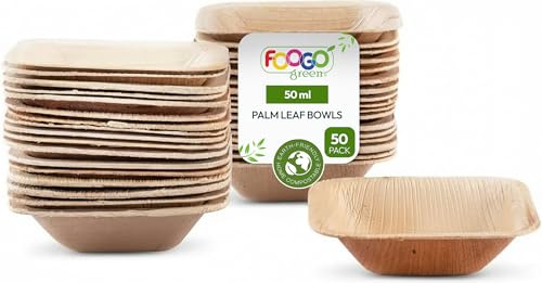 FOOGO Green 50 st mini engångsskålar i palmblad, 7,5 cm, 50 ml, för desserter och sallad, fyrkantiga, ekologiska biologiskt nedbrytbara komposterbara, såsom träskålar, bambu och papper, förrätter