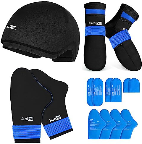 SuzziPad Ice Pack Stress Relief Cap & Cooling Socks & Cold Gloves for Chemotherapy, Comfort Items for Chemo Patients, Smoothe discomfort for feet, Head and Hand, S/M