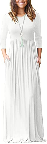 WNEEDU Maxikleid Damen Herbst Langarm 3/4 Ärmel Kleid Lang Elegant Mit Taschen Curvy Lässige Herbstkleid Winterkleid Weiß L