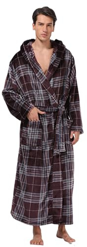 MissNina Men's Plush Hooded Bathrobe Winter Warm Fleece Robes Soft Flannel Long Robes with Pockets, Full Length
