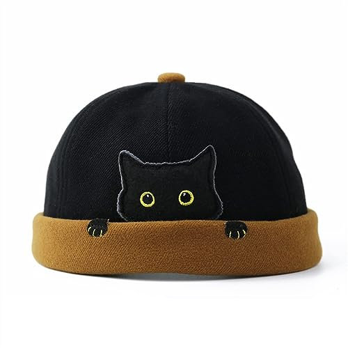 LUXRUB Süße Melonenkappe Für Männer Und Frauen Modische Straße Katzenmuster Docker Kappe Vermieter Hut Kinder Randlose Beanie Hüte Totenkopf Kappe (Color : Black, Size : 58)