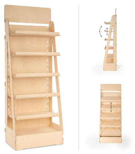 Espositore in Legno, da Terra, Regolabile, Inclinazione e Altezza Ripiani Variabile, Espositori per Negozi, Alimentari, Farmacie, Cartolerie, Ferramenta, Librerie (Adapti - L.60cm)