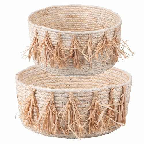 Villa d'Este Home Tivoli Set 2 ceste arredo con intreccio naturale e frange decorative