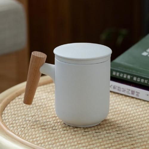 MAGICVOGEL Keramik Teetasse mit Teesieb und Deckel,300ml Teebecher mit mit Holzgriff matte Oberfläche Keramiktasse Losen Tee Becher Geschenk (Weiß)