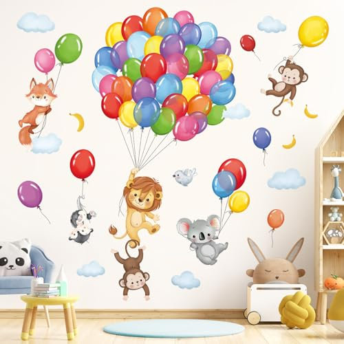 decalmile Adesivi Murali Foresta Animali Mongolfiera Adesivi da Parete Scimmia Leone Koala Palloncini Decorazione Murale Asilo Nido Camerette Bambini Camera da Letto