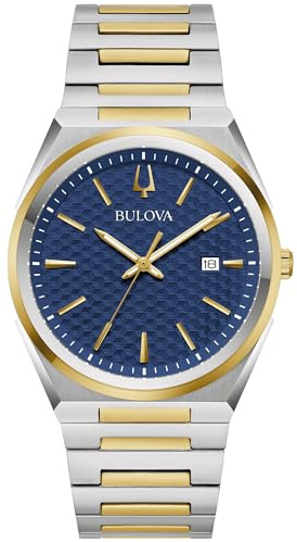 Bulova Mens Classic Quartz Two Tone Stainless Steel Watch, Blue Pattern Dial, Style:98B443