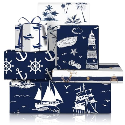 Sea Ocean Geschenkpapier, Navigation Nautisches Segeln Anker Seil Fisch Möwe Boot Leuchtturm Blau Geschenkpapier 50x70cm, 6 gefaltete Blätter mit 1 Rolle Blaues Band, für Geburtstag, Urlaub, Hochzeit
