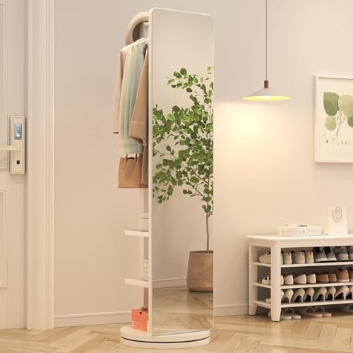 Anwick 360° Swivel Full Length Mirror with Coat Rack, Solid Wood Floor Mirror with Storage Shelf, 2-in-1 Modern Standing Full Body Mirror for Bedroom, Cloakroom, Living Room (White)