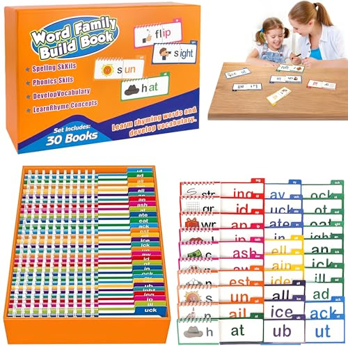 DONGTATA Lot de 30 cartes d'apprentissage en anglais Read and Rhyme Flip Books - Mots de vue et familles de mots - Cartes flash - Promotion de la langue - ABC - Jouet éducatif pour enfants avec jeux