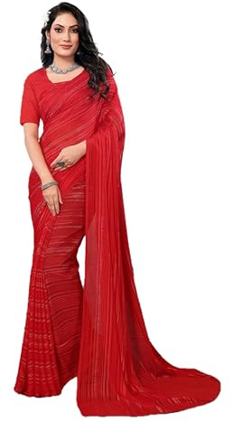 SAREE for WOMEN ETHNICMODE Indian Soft Satin Light Weight Party Wear Red Sari With Unstitched Red Blouse Piece-1110