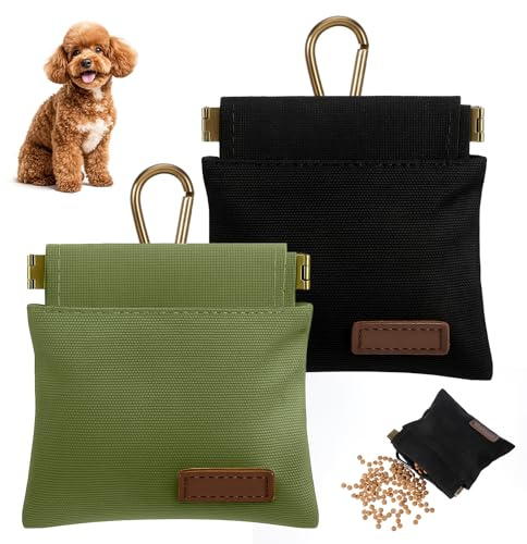 Alrhso Dog Treat Pouch Hand Free 2 Pcs Auto Closing Dog Treat Bag with Carabiner for Training Pet, Snack Reward, Outdoor Use (Black, Green)