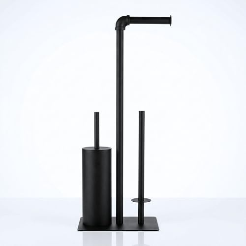 Libaro Escobillero y Portarrollos de Pie Palermo – Juego de Baño Moderno en Negro Mate – Escobilla de Baño Cerrada y Soporte para Papel Higiénico de Metal