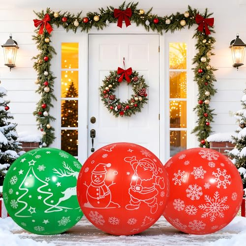Larber 3 Pezzi Giganti Natale Gonfiabili Palline 60CM Grande PVC Gonfiabile Palla Decorata Palla Natale Gonfiabile per Alberi, Giardini,Cortili, Corridoi, Scale, Feste e Decorazioni Regalo