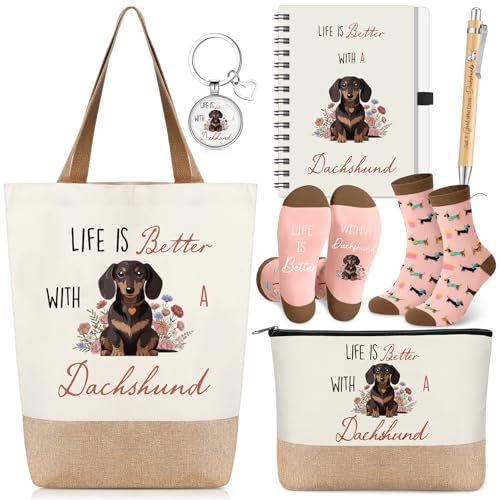 Sadnyy 6pcs Dachshund Gift Sets for Women Dachshund Unique Gift Set with Novelty Socks Makeup Bag Keychain Notebook Tote Bag and Pen for Dog Mom Dog Lover Birthday Gifts