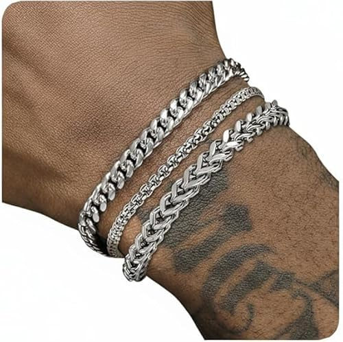 Trinckle 3 PCS Mens Bracelet Silver Bracelets for Men Set Waterproof Stainless Steel Men Jewelry, Adjustable Cuban Chain Bracelet Rakhi Gifts for Brother Him, Dad or Son