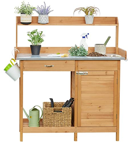 Yaheetech Outdoor Garden Potting Bench Table Work Bench Metal Tabletop W/Cabinet Drawer Open Shelf Natural Wood