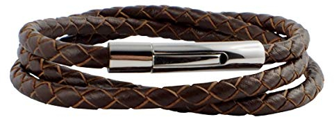 König Design Lederkette Lederband 4 mm Herren Halskette ohne Anhänger Braun 55 cm lang mit Hebeldruck Verschluss Silber geflochten
