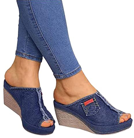 HHZY Sandalias de Plataforma para Mujer Estilo Vaquero Zapatillas de Playa de Verano Cómodas Sandalias de Tacón de Cuña Zapatos para Caminar Alpargatas Antideslizantes,Azul,US10/EU41